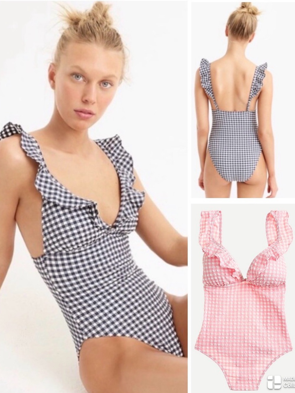 J. Crew NWT PINK Ruffle plunging V-neck one-piece swimsuit in puckered gingham